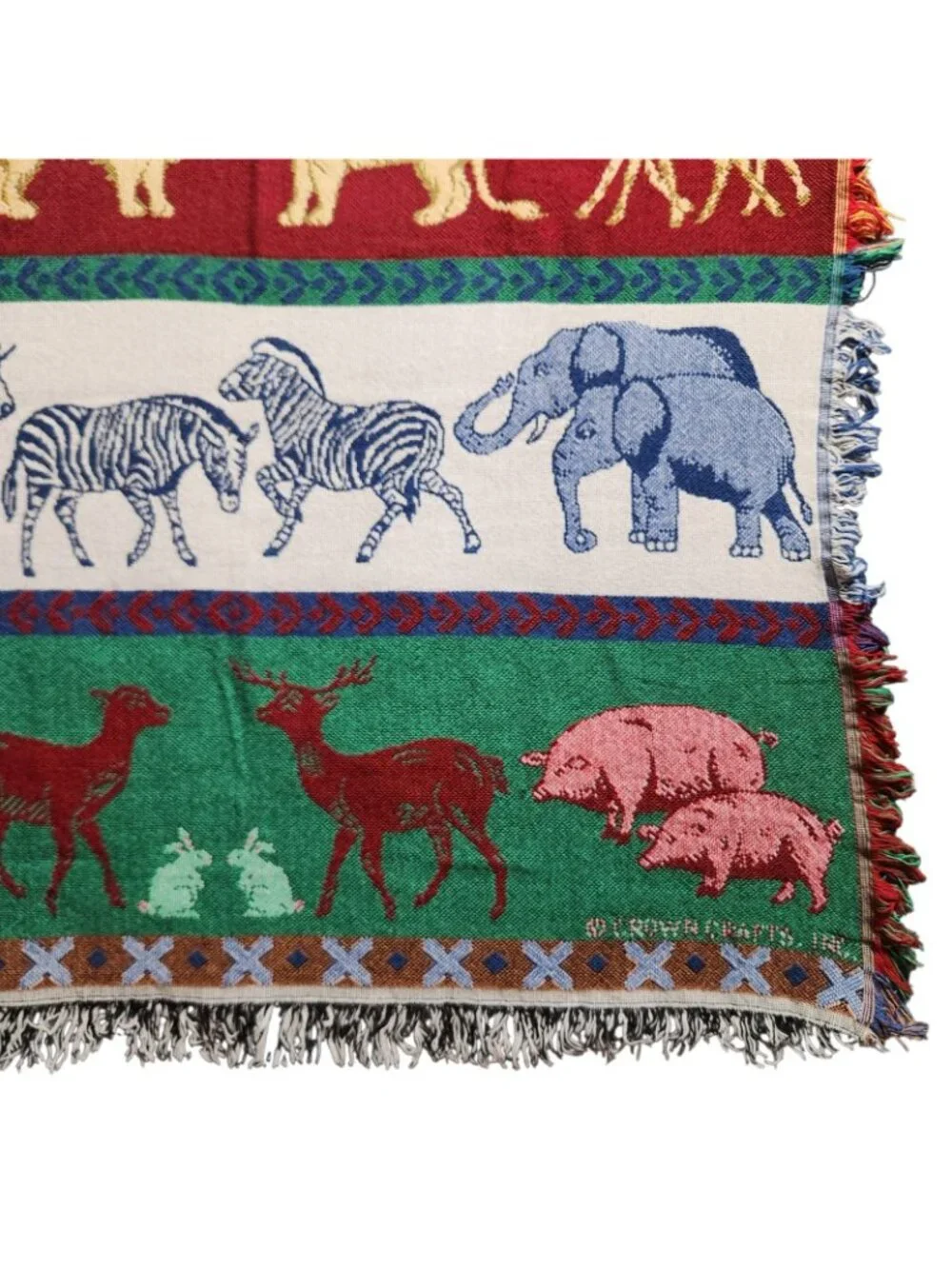 Vtg Crown Crafts Woven Throw Blanket Noah’s Ark Animals Christian Bible 55”x 45”